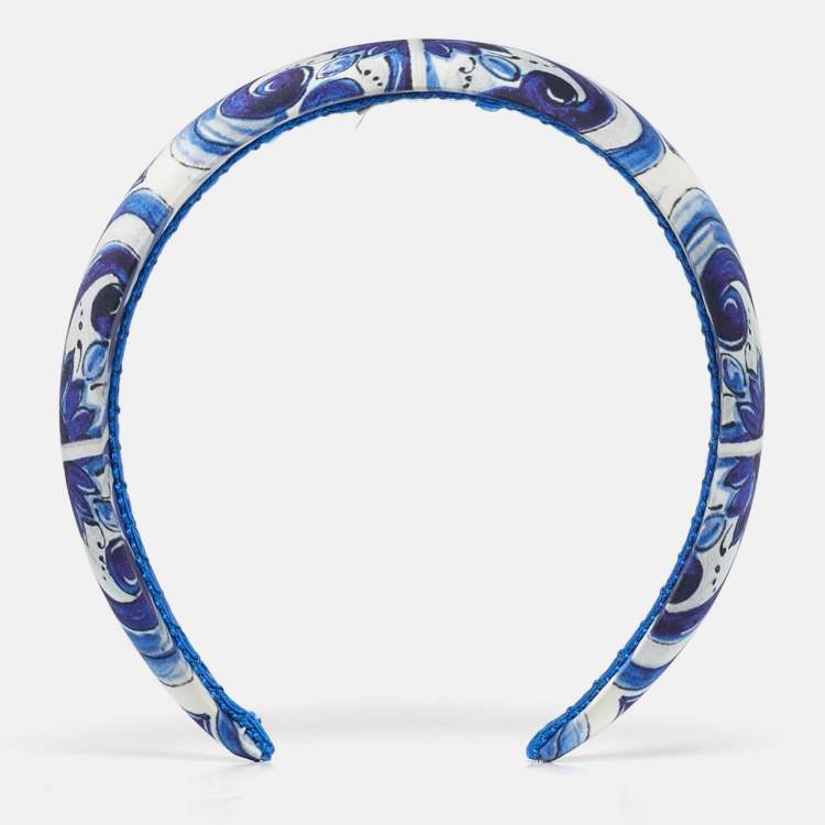 Pre Owned Dolce & Gabbana Blue Majolica Print Stretch Satin Hairband