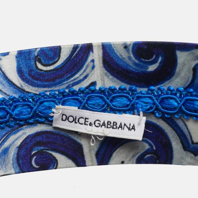 Pre Owned Dolce & Gabbana Blue Majolica Print Stretch Satin Hairband