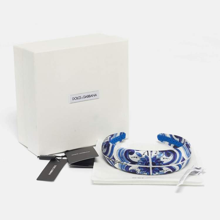 Pre Owned Dolce & Gabbana Blue Majolica Print Stretch Satin Hairband