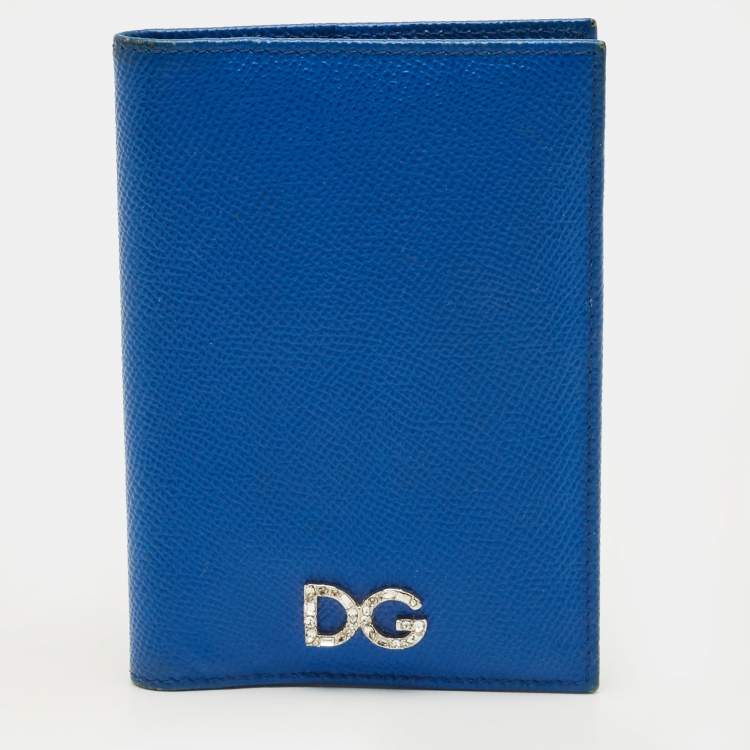 Pre Owned Dolce & Gabbana Blue Leather DG Crystals Bifold Passport Holder