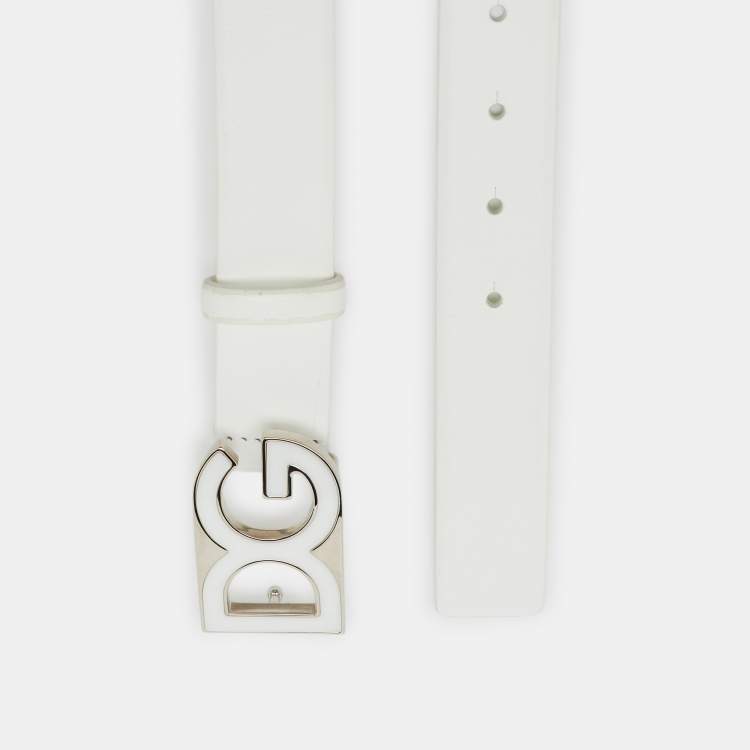 Pre Owned Dolce & Gabbana White Leather DG Logo Waist Belt 100CM