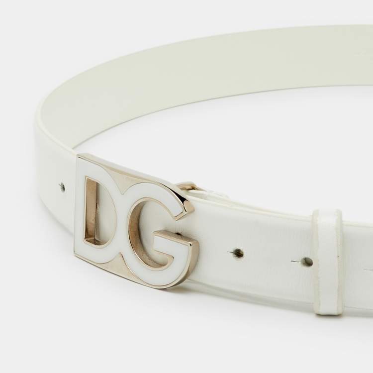Pre Owned Dolce & Gabbana White Leather DG Logo Waist Belt 100CM