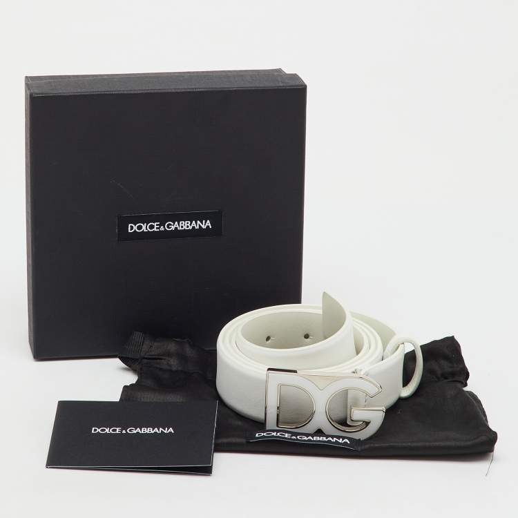 Pre Owned Dolce & Gabbana White Leather DG Logo Waist Belt 100CM