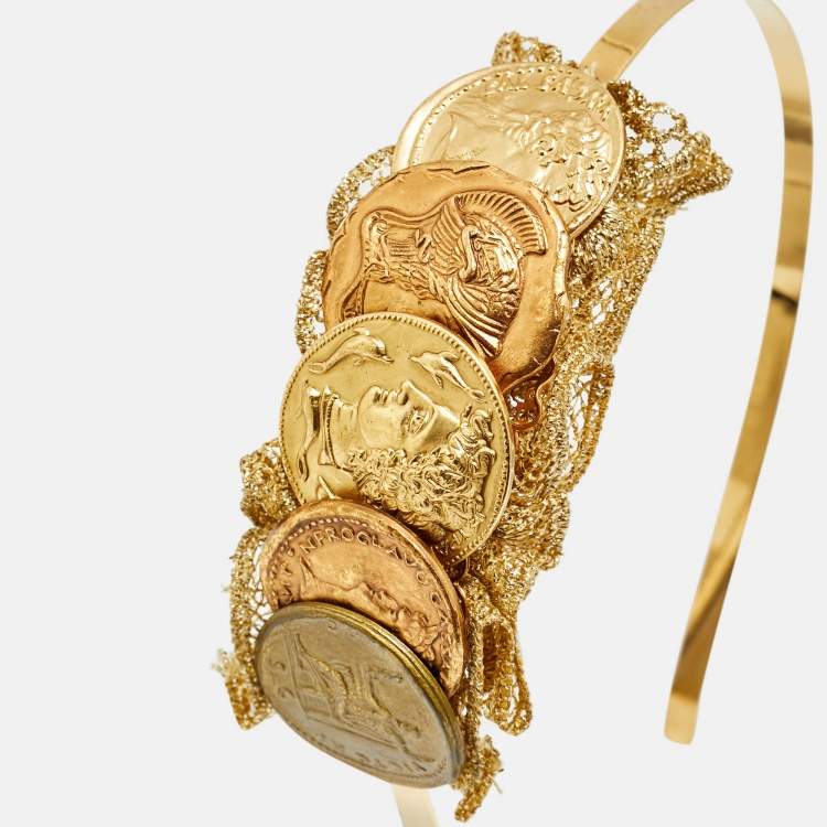Pre Owned Dolce & Gabbana Medallion Coin Fabric Two Tone Headband