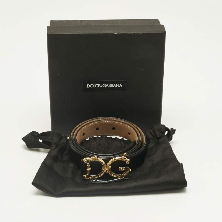 Pre Owned Dolce & Gabbana Black Leather DG Baroque Logo Belt 80CM