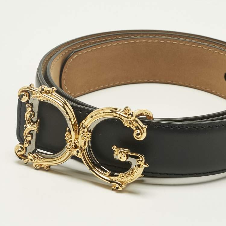 Pre Owned Dolce & Gabbana Black Leather DG Baroque Logo Belt 80CM