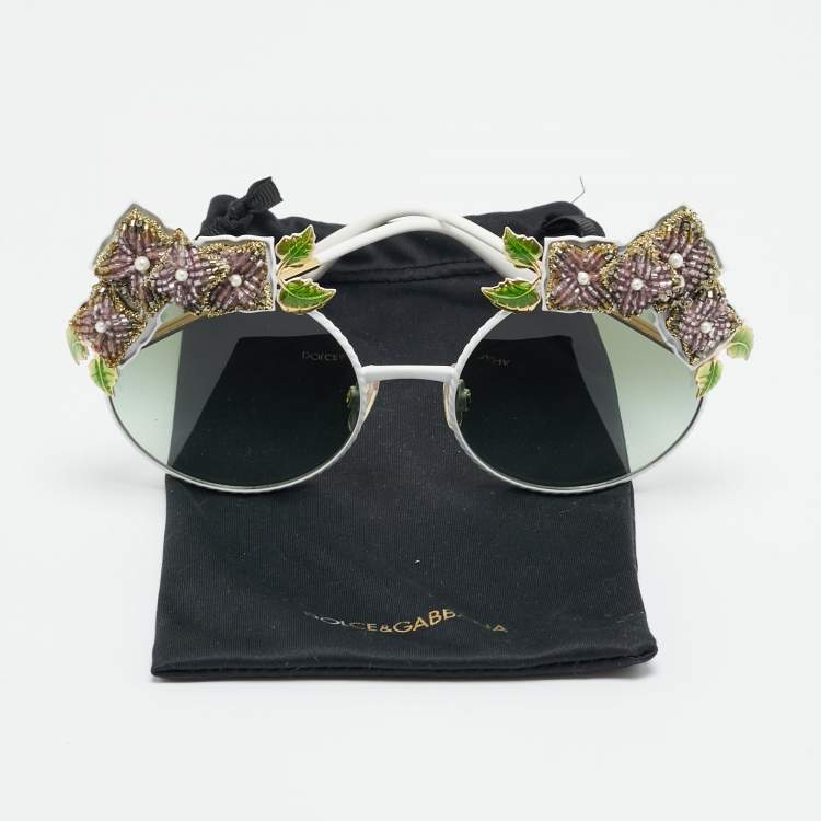 Pre Owned Dolce & Gabbana White/Black Gradient DG2186 Floral Round Sunglasses