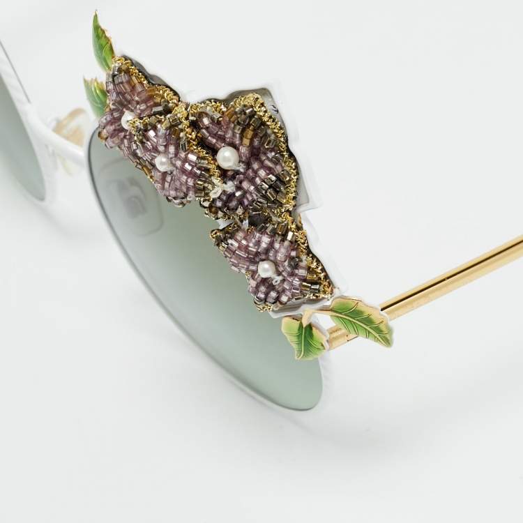 Pre Owned Dolce & Gabbana White/Black Gradient DG2186 Floral Round Sunglasses