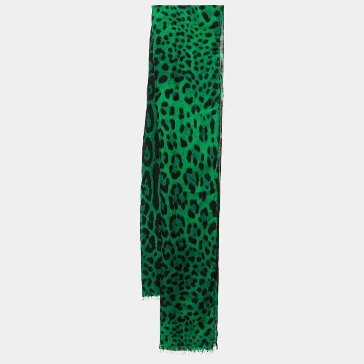 Pre Owned Dolce & Gabbana Green Leopard Print Modal & Cashmere Scarf