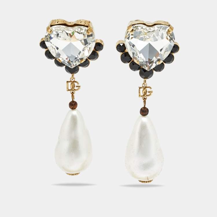 Pre Owned Dolce & Gabanna Crystals Faux Pearl Gold Tone Earrings