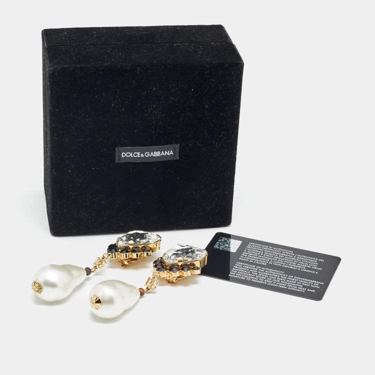 Pre Owned Dolce & Gabanna Crystals Faux Pearl Gold Tone Earrings