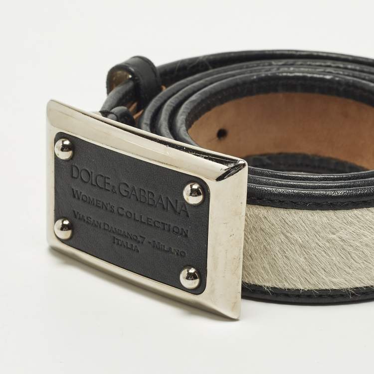 Pre Owned Dolce & Gabbana 85CM Logo Plague Waist Belt Brown Printed Calfhair