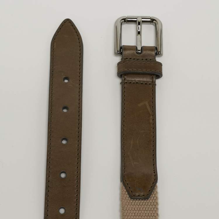 Pre Owned Dolce & Gabbana 90CM Buckle Belt Brown/Beige Canvas and Leather