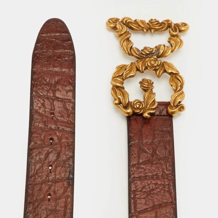 Pre Owned Dolce & Gabbana DG Baroque Logo 95CM Belt Brown Leather