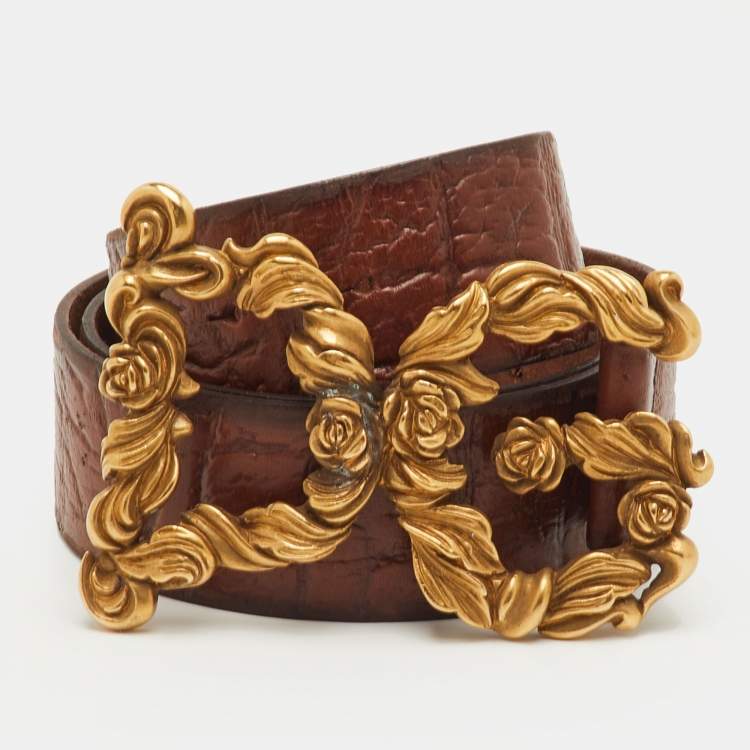 Pre Owned Dolce & Gabbana DG Baroque Logo 95CM Belt Brown Leather