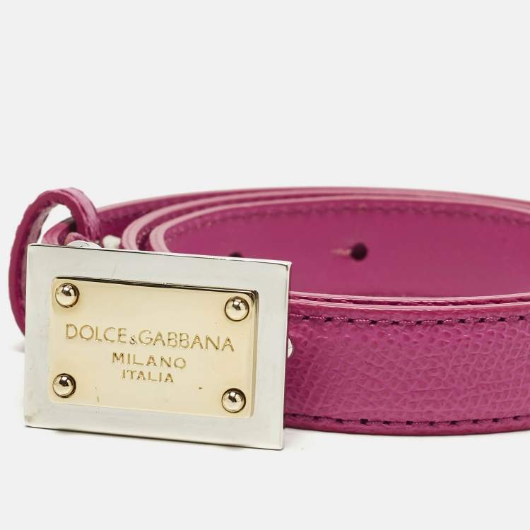 Pre Owned Dolce & Gabbana Logo Plaque 85 CM Slim Buckle Belt Fuchsia Leather