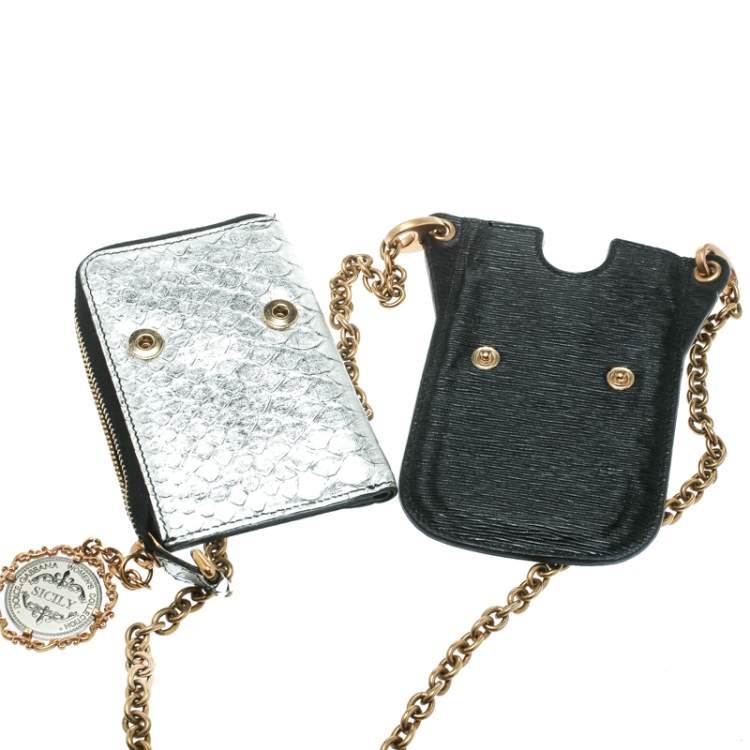 Pre Owned Dolce & Gabbana Black/Metallic Silver Leather Phone Case