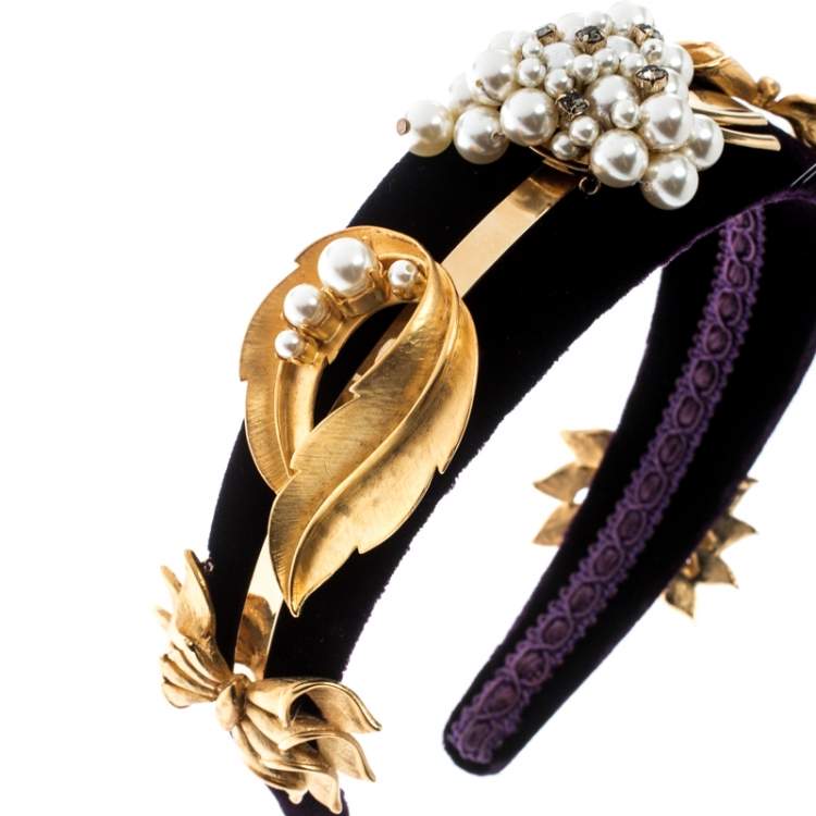 مملوكة مسبقًا Dolce & Gabbana Purple Velvet Faux Pearl Embellished Gold Tone Headband