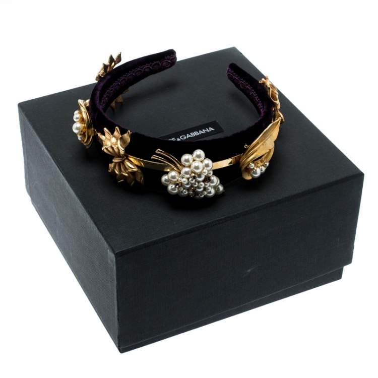 مملوكة مسبقًا Dolce & Gabbana Purple Velvet Faux Pearl Embellished Gold Tone Headband