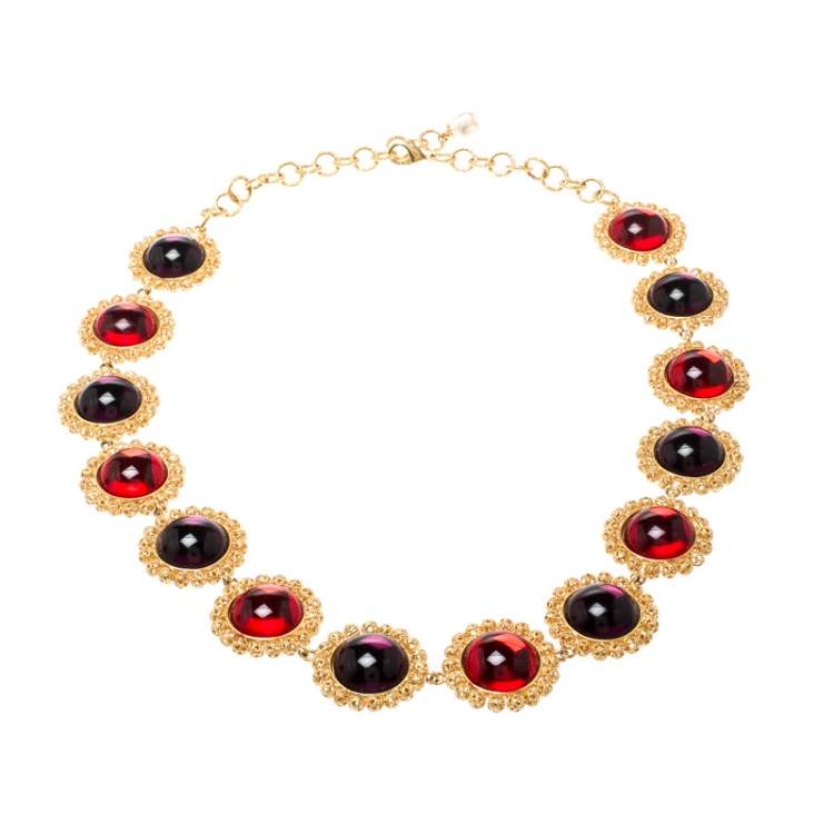 Pre Owned Dolce & Gabbana Multicolor Resin Filigree Beaded Gold Tone Necklace