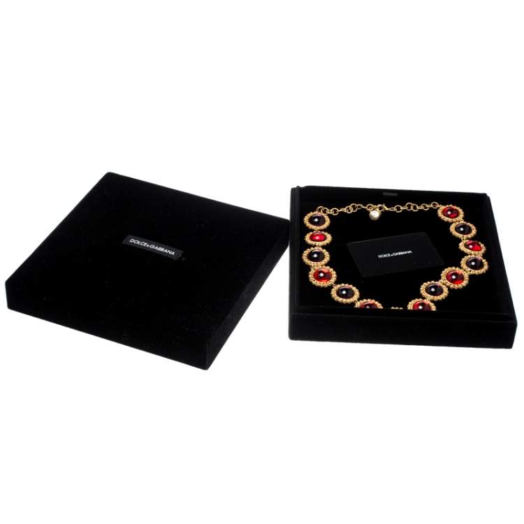 Pre Owned Dolce & Gabbana Multicolor Resin Filigree Beaded Gold Tone Necklace