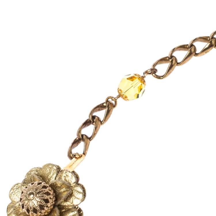Pre Owned Dolce & Gabbana Crystal Flower Filigree Gold Tone Long Station Necklace
