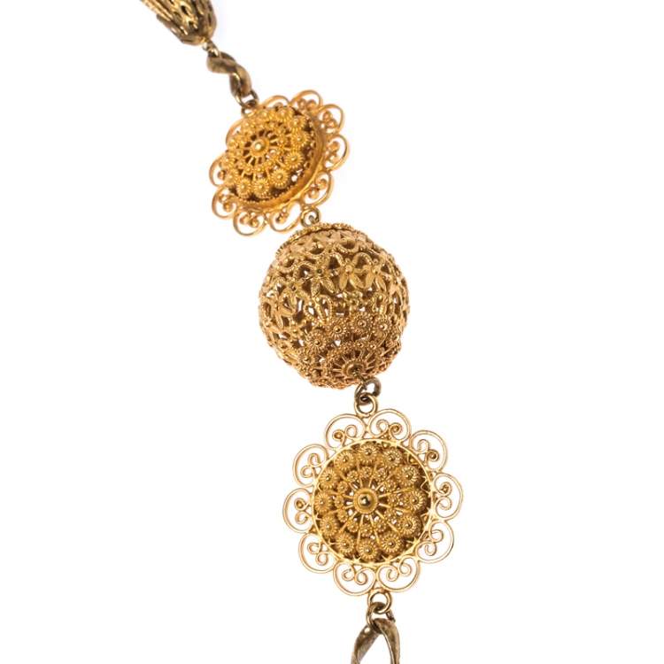 Pre Owned Dolce & Gabbana Crystal Flower Filigree Gold Tone Long Station Necklace