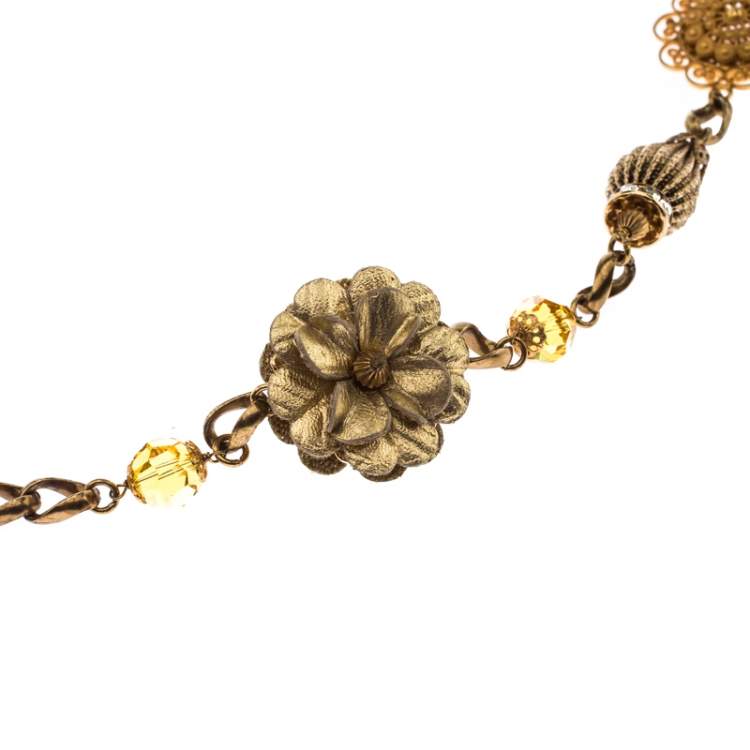 Pre Owned Dolce & Gabbana Crystal Flower Filigree Gold Tone Long Station Necklace