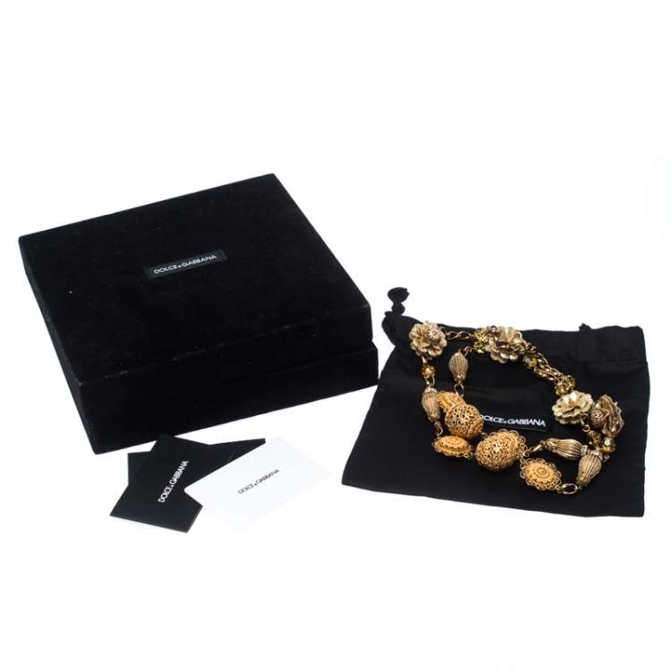 Pre Owned Dolce & Gabbana Crystal Flower Filigree Gold Tone Long Station Necklace