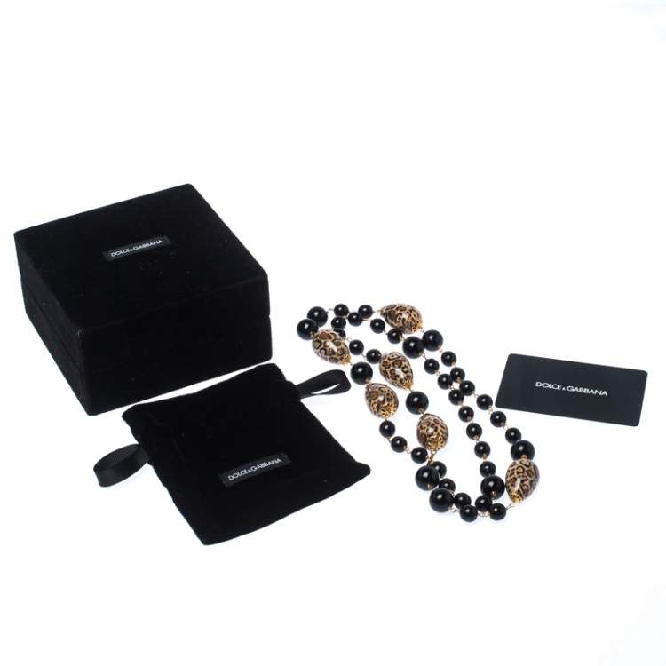 Pre Owned Dolce & Gabbana Printed Beaded Gold Tone Long Necklace