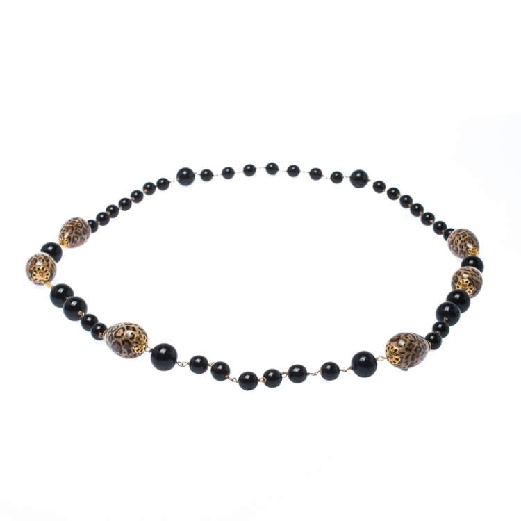 Pre Owned Dolce & Gabbana Printed Beaded Gold Tone Long Necklace