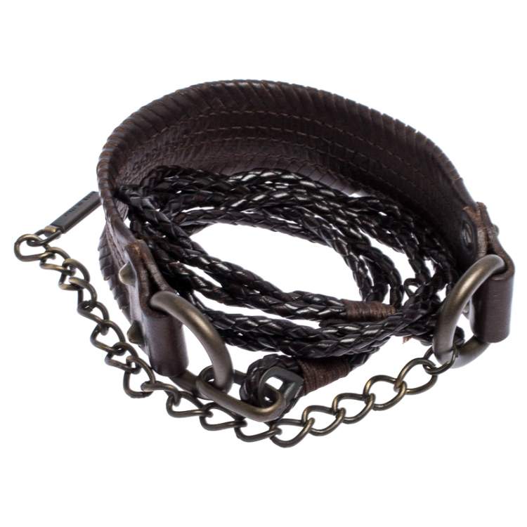 Pre Owned Dolce & Gabbana Dark Brown Braided Leather Chain Belt 80CM
