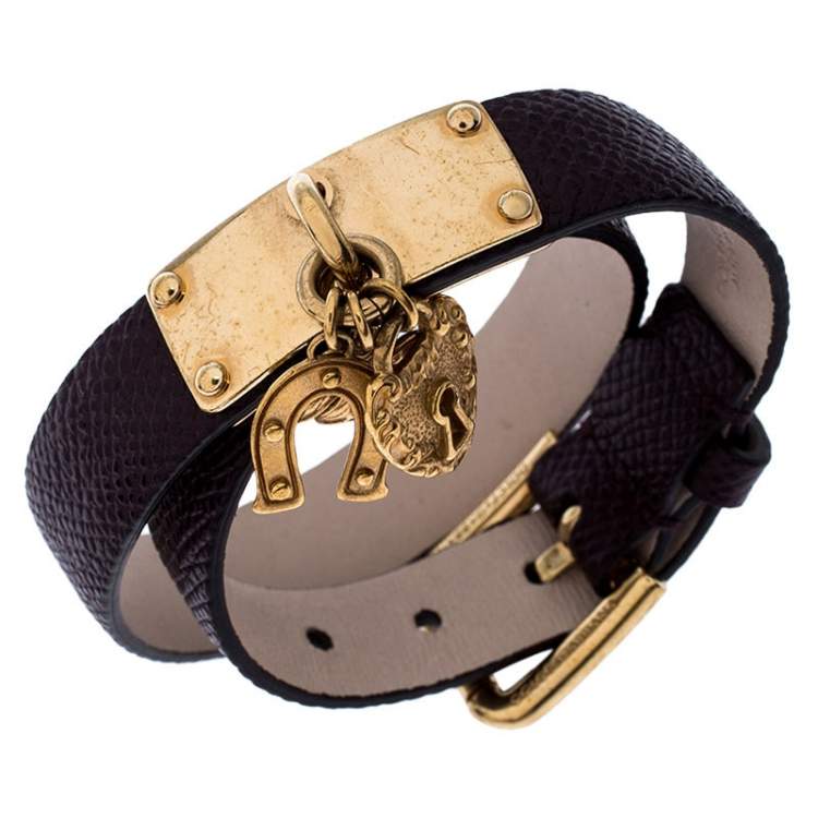 Pre Owned Dolce & Gabbana Brown Leather Gold Tone Wrap Charm Bracelet