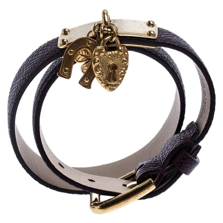 Pre Owned Dolce & Gabbana Brown Leather Gold Tone Wrap Charm Bracelet