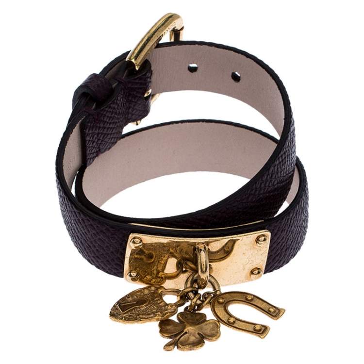 Pre Owned Dolce & Gabbana Brown Leather Gold Tone Wrap Charm Bracelet