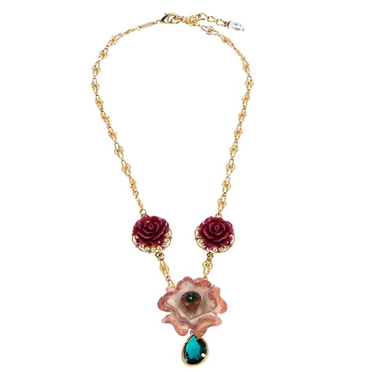 Pre Owned Dolce & Gabbana Yellow Gold Tone Floral Pendant Crystal Drop Necklace