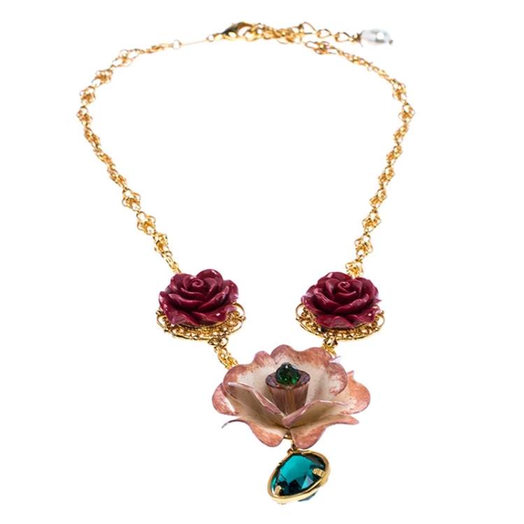 Pre Owned Dolce & Gabbana Yellow Gold Tone Floral Pendant Crystal Drop Necklace