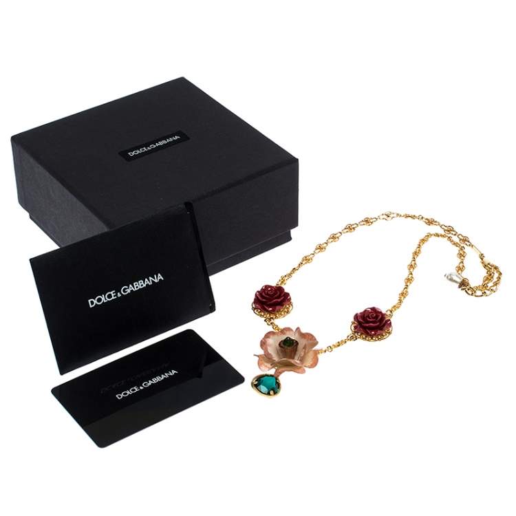 Pre Owned Dolce & Gabbana Yellow Gold Tone Floral Pendant Crystal Drop Necklace