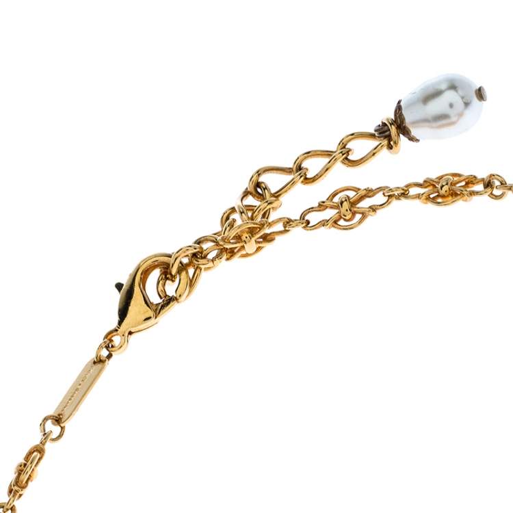 Pre Owned Dolce & Gabbana Yellow Gold Tone Floral Pendant Crystal Drop Necklace