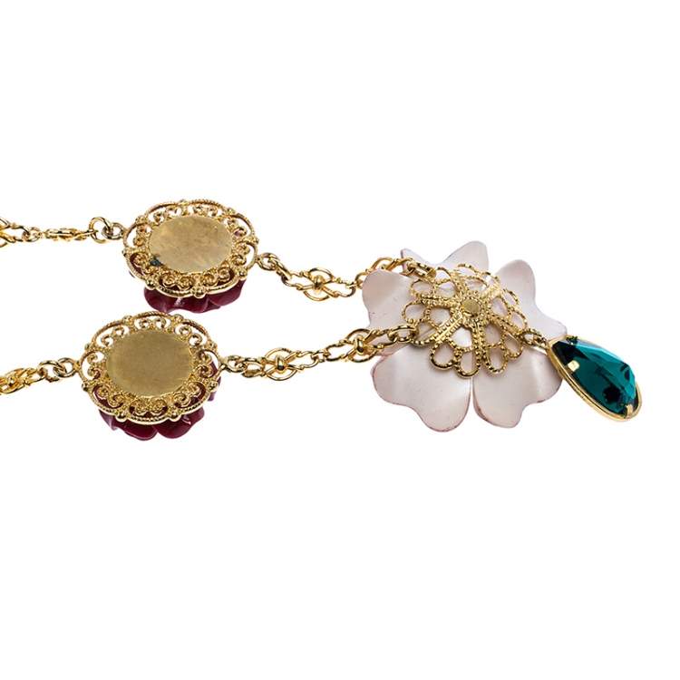 Pre Owned Dolce & Gabbana Yellow Gold Tone Floral Pendant Crystal Drop Necklace