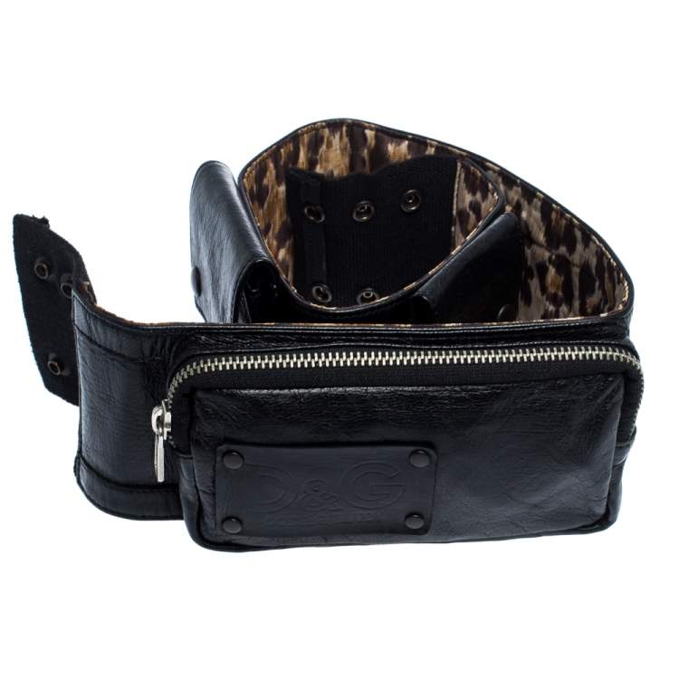 Pre Owned Dolce & Gabbana Black Leather Multi Pocket Elastic Belt