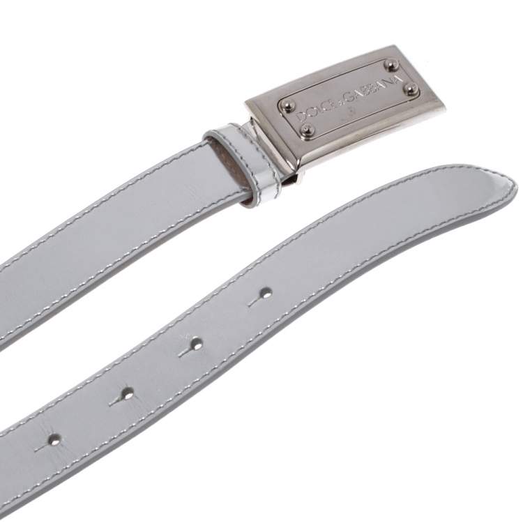 Pre Owned Dolce & Gabbana Metallic Silver Leather Logo Plaque Belt 85CM