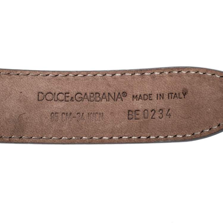 Pre Owned Dolce & Gabbana Metallic Silver Leather Logo Plaque Belt 85CM