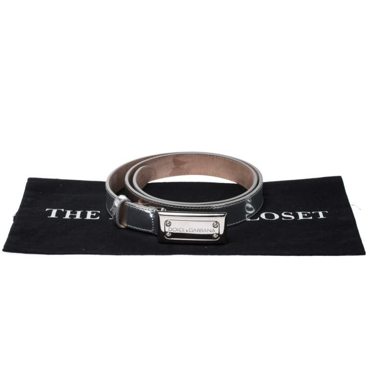 Pre Owned Dolce & Gabbana Metallic Silver Leather Logo Plaque Belt 85CM