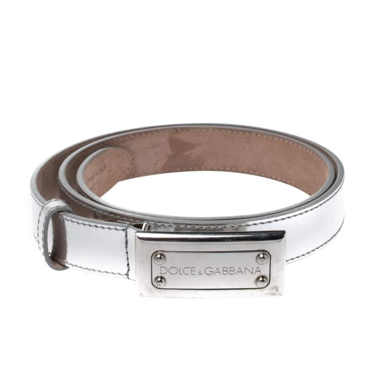 Pre Owned Dolce & Gabbana Metallic Silver Leather Logo Plaque Belt 85CM