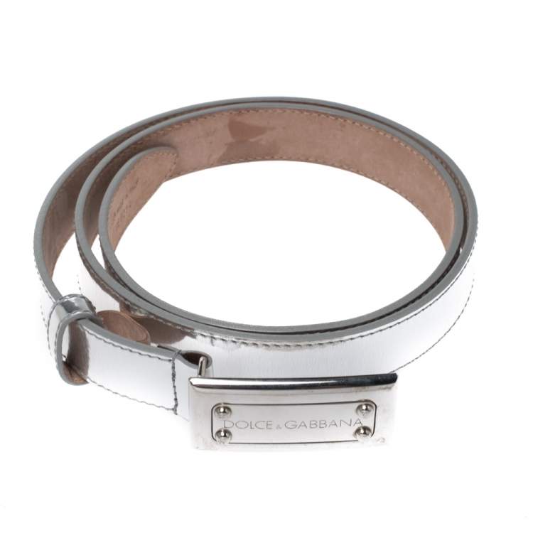 Pre Owned Dolce & Gabbana Metallic Silver Leather Logo Plaque Belt 85CM