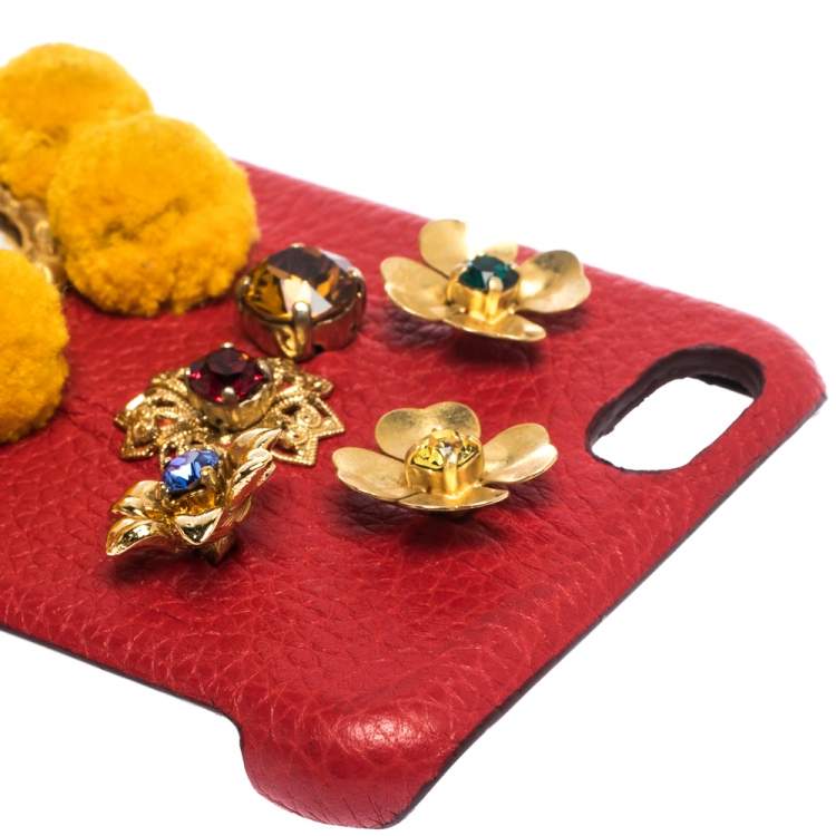 Pre Owned Dolce & Gabbana Red/Mustard Embellished Leather iPhone 6 Case