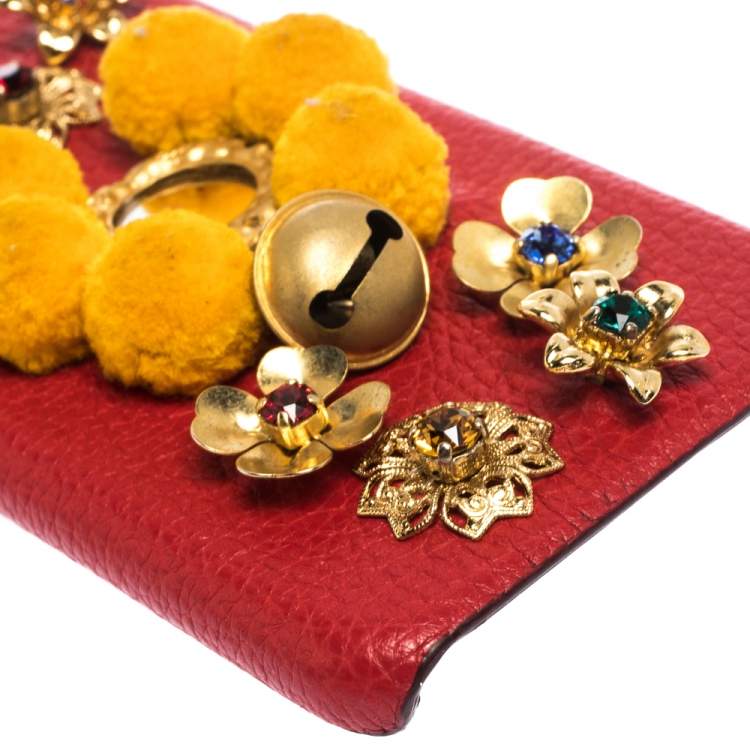 Pre Owned Dolce & Gabbana Red/Mustard Embellished Leather iPhone 6 Case