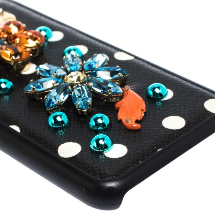 Pre Owned Dolce & Gabbana Black/White Polka Dots Leather Crystal Embellished iPhone 7 Case