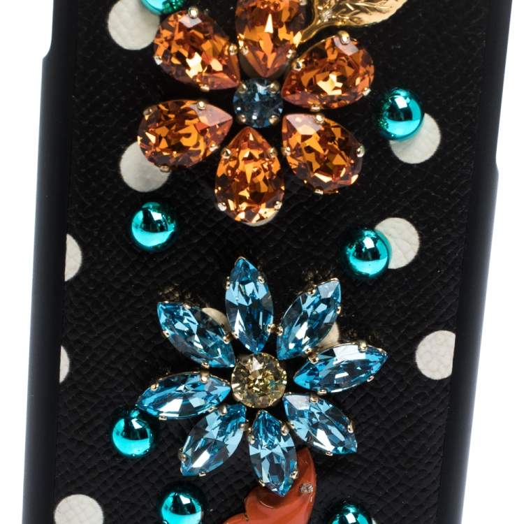 Pre Owned Dolce & Gabbana Black/White Polka Dots Leather Crystal Embellished iPhone 7 Case
